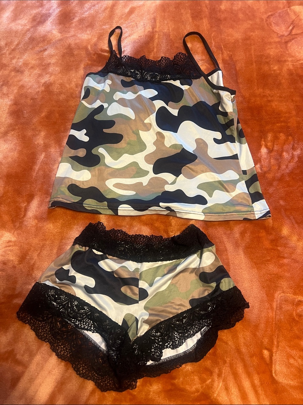 Amazon Camo Satin Lace Camisole & Short Sleep Set - Green, Black, Tan